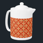 Tetera Patrón geométrico moderno del Naranja rojo a media<br><div class="desc">Tetera de inspiración rojiza de inspiración moderna de mediados de siglo, con un patrón geométrico circular colorido con acentos amarillos, rojos y verdes. Diseño moderno y de diseño. Los círculos amarillos se superponen para formar un patrón de diamante arlequín acentuado con puntos borgoñosos y verdes. Crea tu propio patrón de...</div>