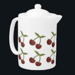 Tetera Patrón ilustrado de cerezo vintage sobre blanco<br><div class="desc">Patrón ilustrado lindo con pares de cerezas puntiagudas.</div>