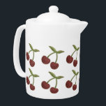 Tetera Patrón ilustrado de cerezo vintage sobre blanco<br><div class="desc">Patrón ilustrado lindo con pares de cerezas puntiagudas.</div>