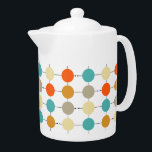 Tetera Patrón retro de los círculos de crema turquesa nar<br><div class="desc">Este colorido y moderno salón de té de mediados de siglo presenta un azul turquesa,  dos tonos de naranja,  crema y círculos de bronceado en una rejilla negra. ¡Añade un poco de diversión a tu hora de té!</div>