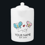 Tetera Personalizado nombre familia teapot con lindas mar<br><div class="desc">El nombre de la familia personalizado teapot con lindas mariposas. Añada su propio apellido,  fecha establecida,  año o presupuesto. Ducha nupcial única e ideas de regalo de boda para recién casados,  pareja,  novia y novio,  marido y mujer,  etc. Estilosa plantilla de tipografía con dibujo de mariposa.</div>