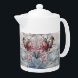Tetera Pintados bonitos de Kingfishers y flores<br><div class="desc">Bonito y coloridos Reyes Azules con flores rosadas y blancas</div>