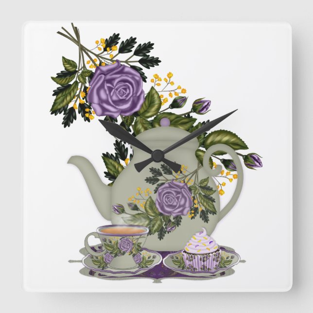 tetera, rosas, quequitos, reloj de la cocina de té (Anverso)
