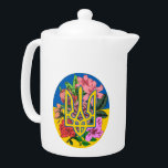 Tetera Tridente ucraniano y bandera de Ucrania con flores<br><div class="desc">Tridente ucraniano y bandera de Ucrania con motivos florales</div>