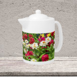 Tetera Zinnia colorida florece<br><div class="desc">Tetera de cerámica blanca con tapa que muestra una foto de envolvimiento de un jardín de verano de flores de Zinnia coloridas,  con colores que son principalmente flores rojas y blancas. ¡Un bonito diseño floral!</div>