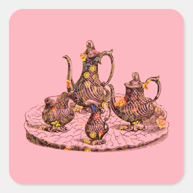 Teteras antiguas en pegatinas decorativos rosas (Anverso)