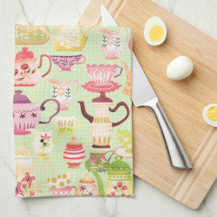 Teteras y tazas toallas de cocina verde
