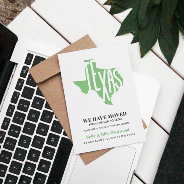 TEXAS Hemos movido nueva dirección Nueva postal re (RELOCATION OR MOVING TO TEXAS ANNOUNCEMENT POST CARD WITH USA STATE SILHOUETTE IN EDITABLE COLOR)