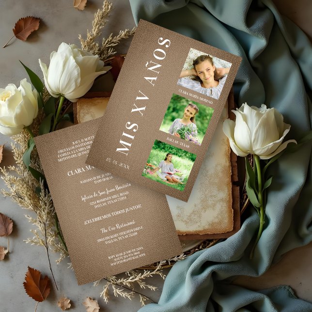 Textil Marrón Rústico Quinceañera con 3 Fotos (Rustic Brown Quinceañera Invitation with Fabric Texture & 3 Custom Photos Invitations Cards. )