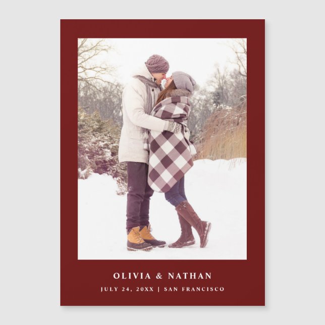 Texto rojo oscuro y foto | Magnético Guardar fecha (Anverso)