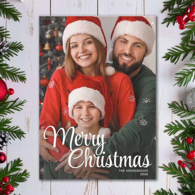 Texto superpuesto de guión de Feliz Navidad para f (Merry Christmas Script Text Overlay Family Photo Holiday Card)