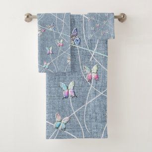 Textura de Bordado Mariposas de Acuarela sobre Azu
