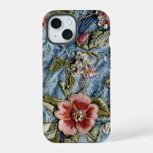 Textura de mezclilla floral con joyas bordadas