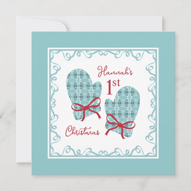 The 1st Christmas Mittens Red Bow Holiday Card (Anverso)