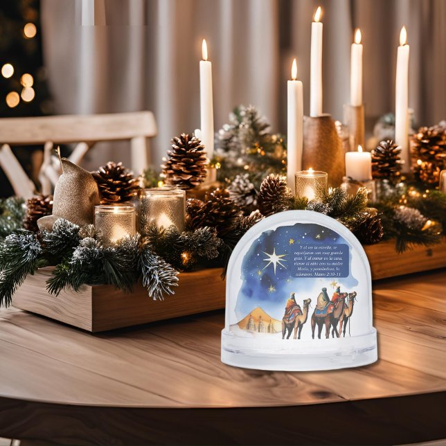 The Three Wise Men Matt. 2:10-11 Bible Verse (Spanish Bible Christmas verse Matthew 2, personalized Snow Globe. Cpn Jesus en el camino)