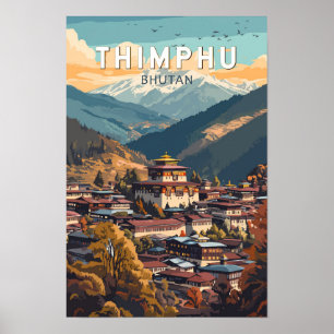 Thimphu Bhutan Ilustracion Viaje arte Vintage