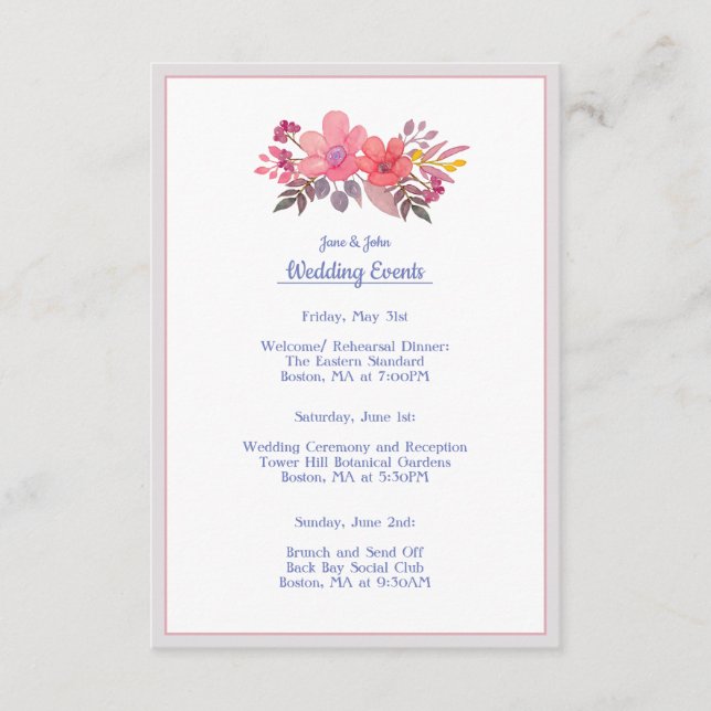 Think Dusty Pinks Boda Tarjeta Itineraria (Anverso)