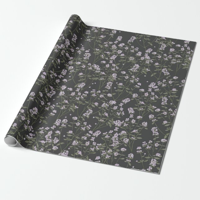 Thyme Floral Pattern Papel de envolvimiento gris o (Desenrollado)