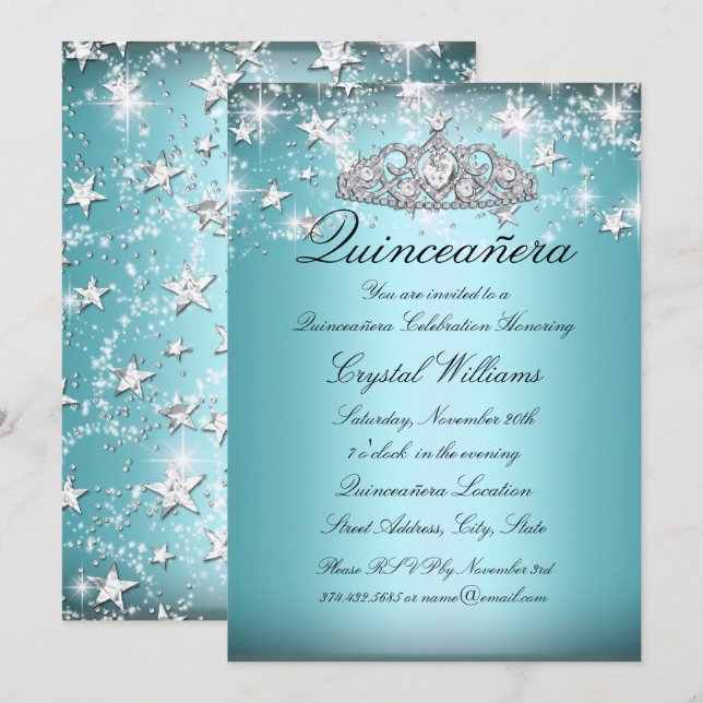Tiara de estrellas brillantes azules Invitación Qu (Anverso / Reverso)