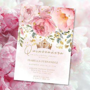 Tiara Dorada Rosa Elegante Invitación Floral Quinc