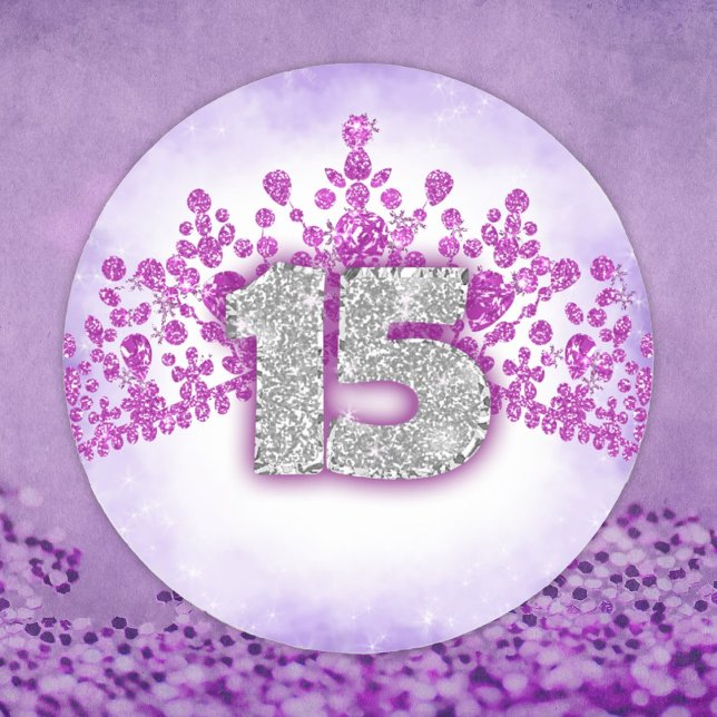Tiara Quinceanera Pegatina espumosa, morada y rosa (purple pink silver quinceanera number 15 stickers, silver glitter fifteen fifteenth birthday party)