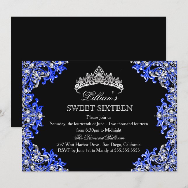 Tiara Sweet 16 Invitación para damascar azul y neg (Anverso / Reverso)