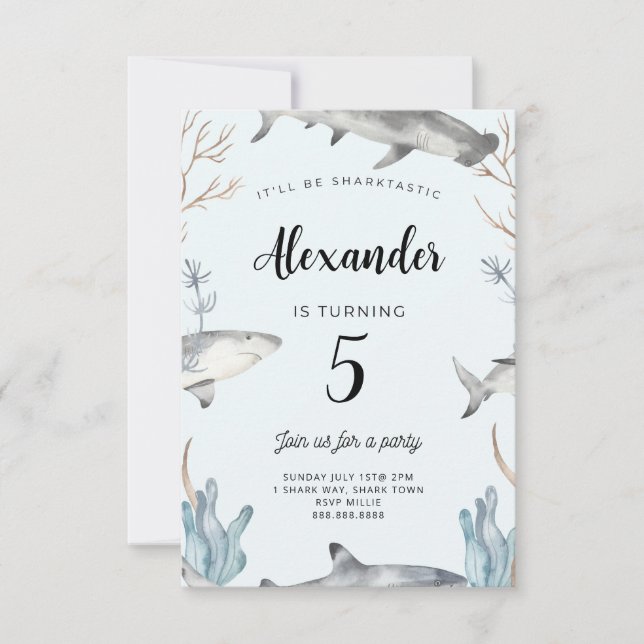 Tiburón bajo el mar Invitación de cumpleaños a niñ (Anverso)