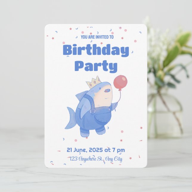 Tiburón con invitación de cumpleaños a los niños b (Anverso de pie)