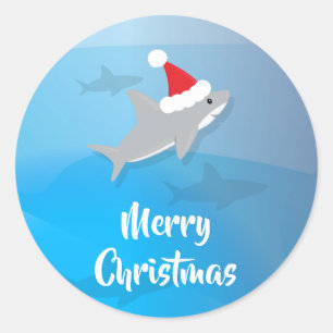 Tiburón con Santa Hat Feliz Pegatina de Navidad