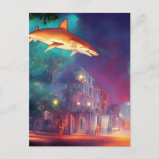 Tiburón sobre la postal de la ciudad (Anverso)