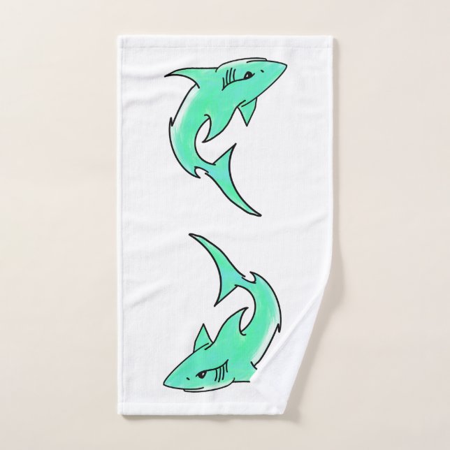 tiburón sonriente de dibujos animados azul verde m (Toalla de mano)
