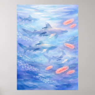 Tiburones de Punta Blanca Oceánicos Arte Acuarela