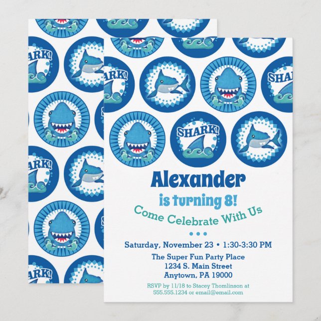 Tiburones Invitación a cumpleaños Fiesta de tiburo (Anverso / Reverso)