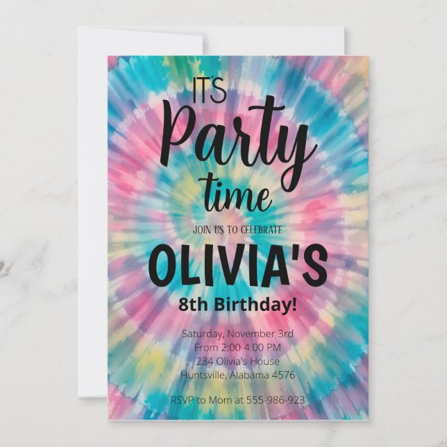 Tie Dye Birthday Invitación a Rainbow Tie Dye Naci (Anverso)
