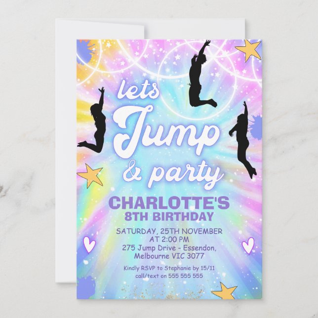 Tie Dye Retro Jump and Play Birthday Invitación (Anverso)