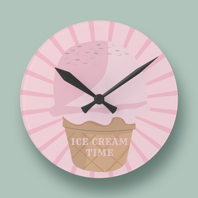 Tiempo para el reloj de pared de la cocina rosa de (It's always time for ice cream! A cute pink clock with text you can customize)