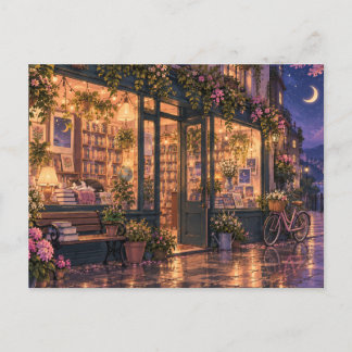 Tienda de libros acogedora en una postal de noche
