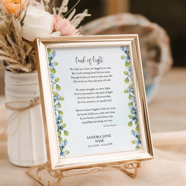 Tierra de Luz Póster de Poema Funeral Cartel de Re (Poem Poster for funeral decor / memorial keepsake framed with greenery by Darling & May)