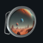 Tierra, Esto Es Marte Llamando, Hebilla De Cinturó<br><div class="desc">El planeta Marte con vistas al planeta Tierra,  luna y Júpiter en este diseño de arte de fantasía futurista</div>