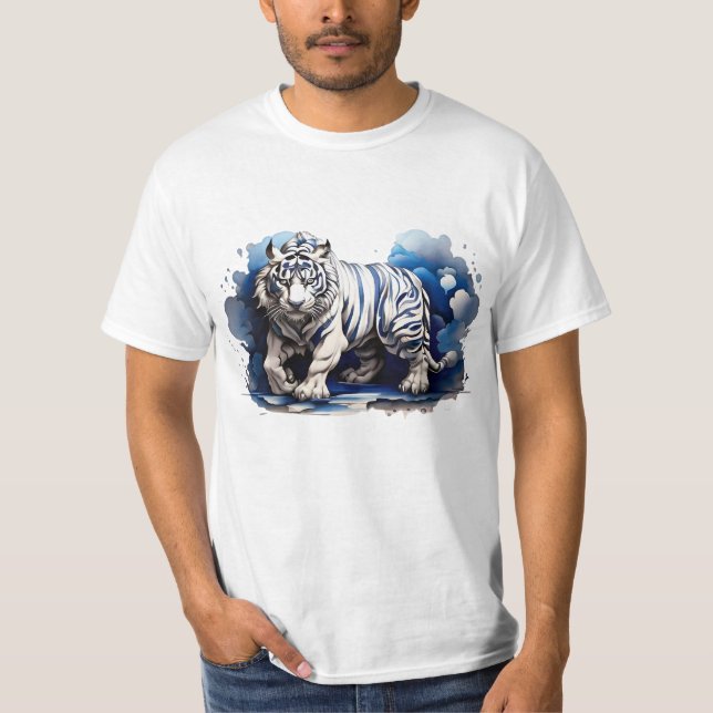 Tigre azul de camiseta sobre nubes: diseño escánda (Anverso)