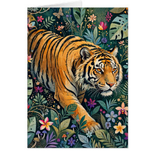 Tigre con ojos ámbar, follaje de jungla de fantasí