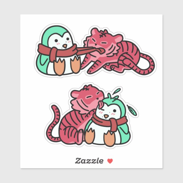 Tigre de fresa y Pegatina de pingüino de menta, ve (Hoja)