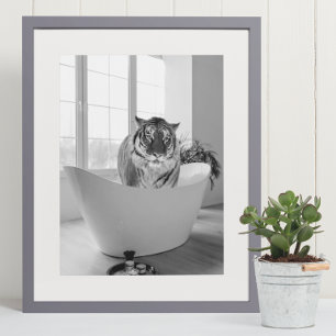 Tigre en Bañera Póster de arte de baño en blanco y