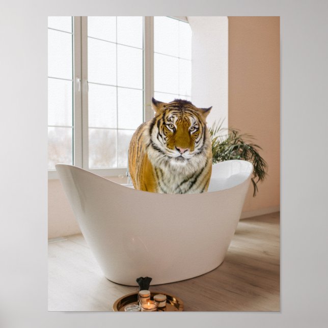 Tigre en la bañera Poster de arte del baño blanco  (Frente)