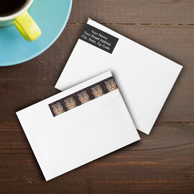 Tigre feroz a rayas asiáticas (Row of Asian Tigers with Fierce faces on Black with red dots wrap around return address labels.)
