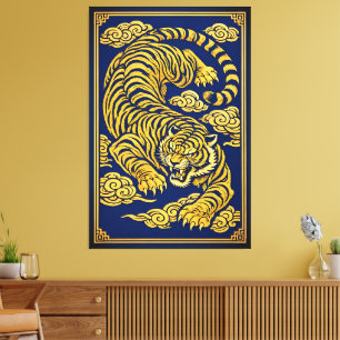 Tigre Imperial - Impresión en lienzo dorado y azul