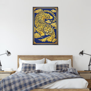 Tigre Imperial – Impresión en lienzo dorado y azul