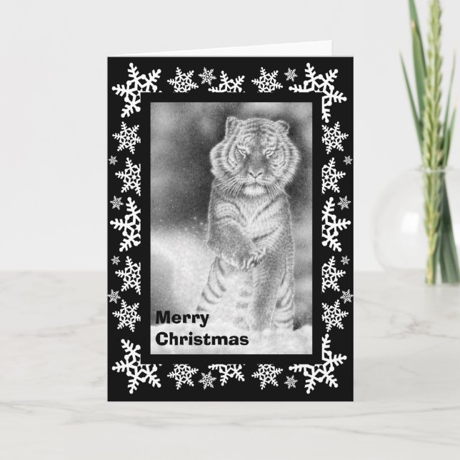 Tigre siberiano con tarjeta de Navidades de nieve (Anverso)