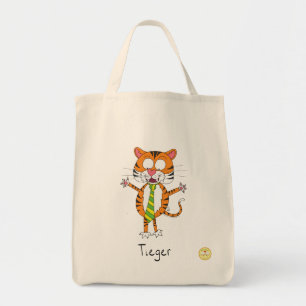 Tigre tigre con una bolsa de té para abarrotes