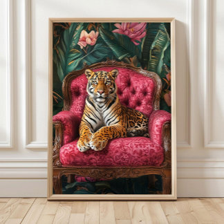Tigre Tropical en Sofá Rosa Póster Tigre Eclectici
